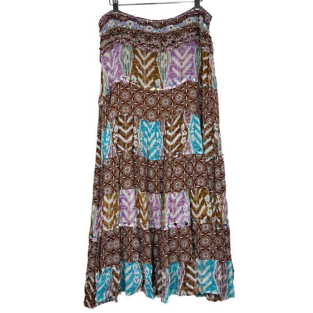 Haven Bleu Size: L Ikat Tie Dye Mixed Print Beaded Boho Maxi Skirt